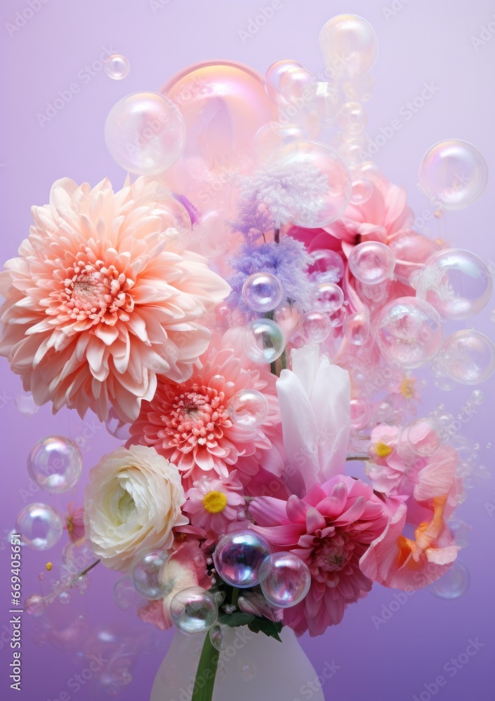 An explosion of color and joy, a wild bouquet of flowers and bubbles dances in a vase, bringing life and vibrancy to any indoor space An explosion of color and joy, a wild bouquet of flowers and bubbles dances in a vase, bringing life and vibrancy to any indoor space