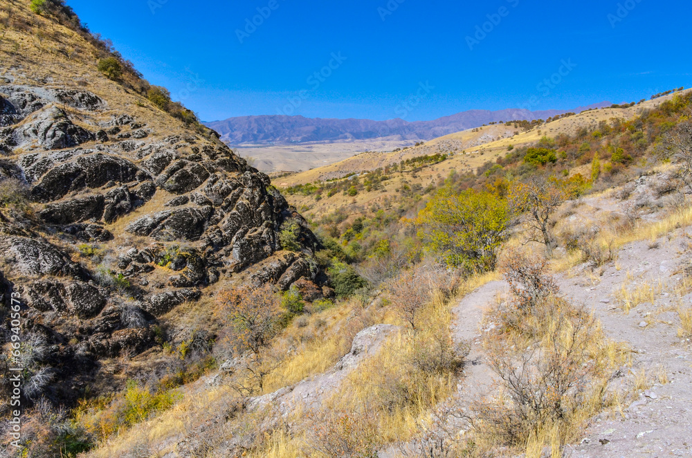 scenic view of Karankulsay valley and Korzhantau ridge (Karankul, Tashkent Region, Uzbekistan)