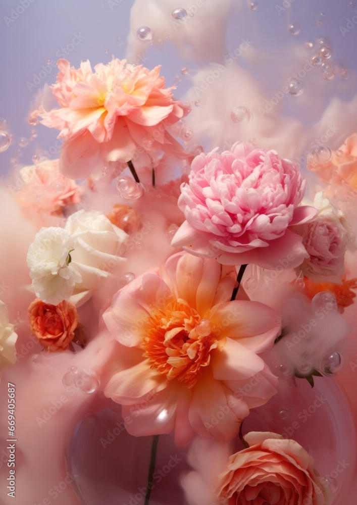 A vibrant bouquet of floribunda roses bursts from a vase, surrounded by floating balloons and a whimsical bubble, embodying the explosive beauty and liveliness of nature A vibrant bouquet of floribunda roses bursts from a vase, surrounded by floating balloons and a whimsical bubble, embodying the explosive beauty and liveliness of nature