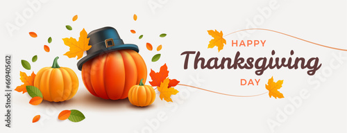 Thanksgiving day banner. Holiday background with realistic 3d orange pumpkin in pilgrim hat, autumn leaves. Horizontal holiday poster, header for website. Vector illustration