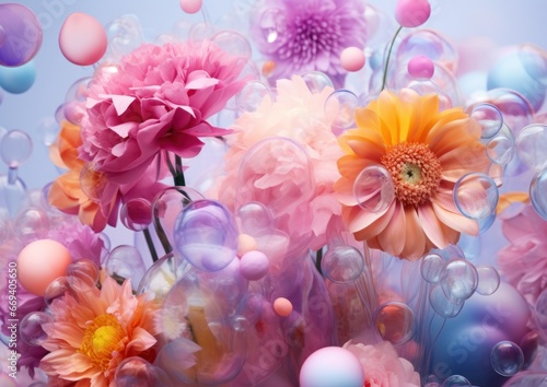A vibrant explosion of floral petals and delicate bubbles burst forth from a lively bouquet  evoking a sense of playful whimsy and effervescent beauty