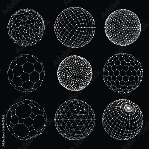 3D sphere mesh grid. Ball or sphere in grid of line. 3D abstract object in wireframe of lines and dots. Vector illustration.