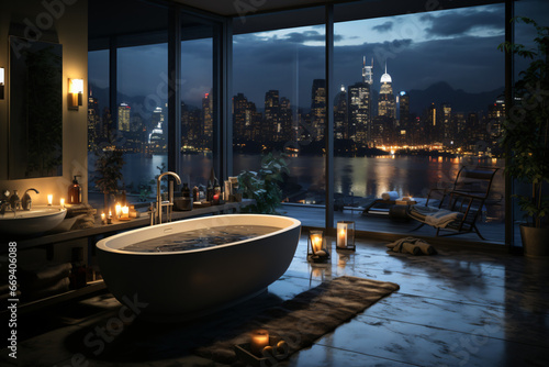 Interior design of modern bathroom at night with city view. 