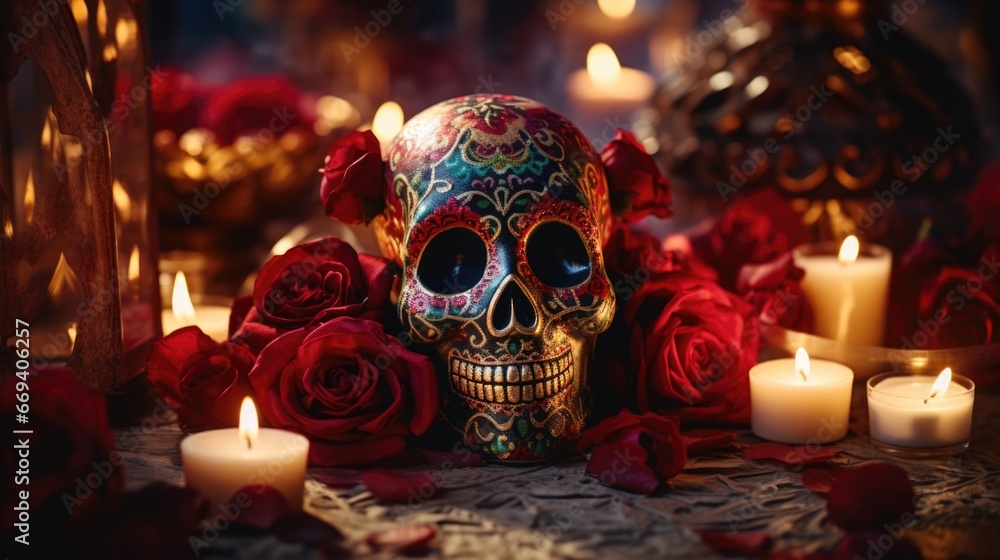 Decorated skull centerpiece with red roses, ambient candles. Dia de los Muertos theme.