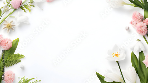 Spring sale advertising banner with frame of tulips flowers and leaves , A white background advertising banner for Spring sale advertising 