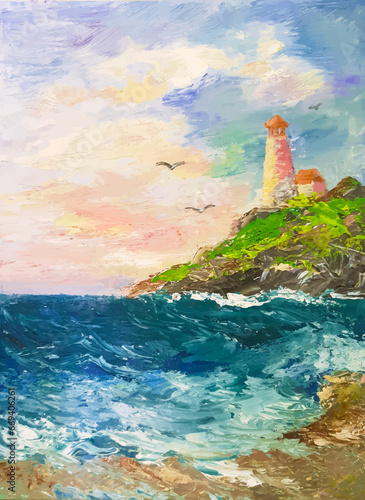 Lighthouse by the sea. Oil paintings landscape with brush strokes on canvas. Sunset on the sea, wave. Hand drawn illustration. Fine art.