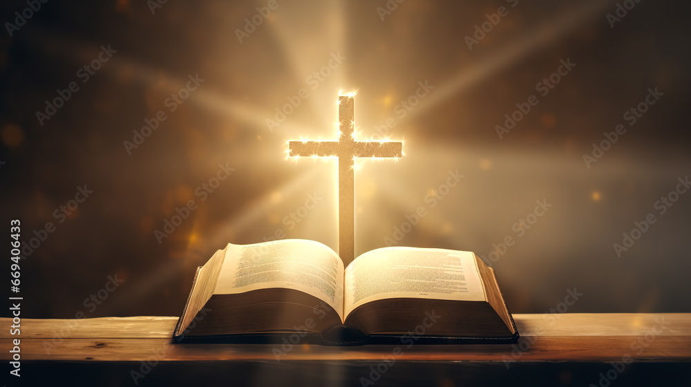 Open book Bible and cross on a dark background with light. Open book Bible and cross on a dark background with light.