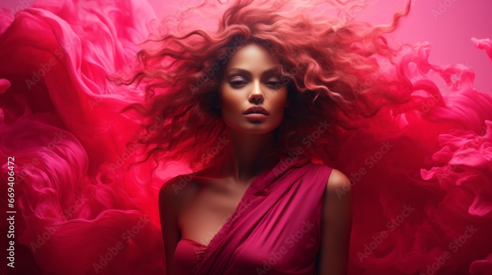 Naklejka premium Fashion girl with long curly hair with magenta color smoke on background. Stylish Portrait of beautiful girl in a purple dress. Magenta color concept. Beautiful face of young sensual attractive woman