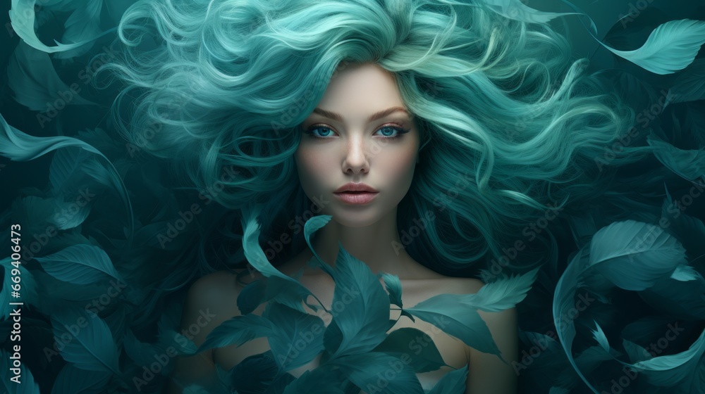 Art Portrait of attractive girl with long hair in aquamarine color tone. Young woman with beautiful face and brown makeup looking to the camera. Aquamarine color concept. Model with fluttering hair. Art Portrait of attractive girl with long hair in aquamarine color tone. Young woman with beautiful face and brown makeup looking to the camera. Aquamarine color concept. Model with fluttering hair.