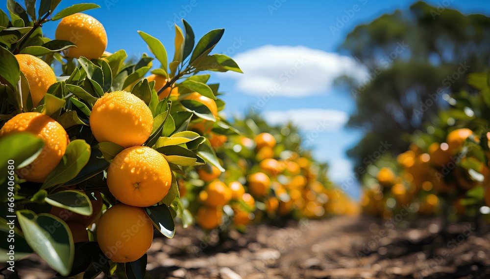 oranges on tree. Closeup of oranges. Orange tree with landscape. Orange tree full of ripe oranges on its branches. Orange picking season