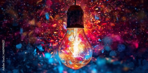 Behold the brilliance of a light bulb, as it showers colorful particles, a symbol of creativity and innovation Created with generative AI tools.