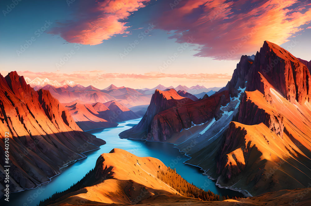 Desert mountains landscape, sunset over the mountains and river, atmospheric and epic nature, Generative AI