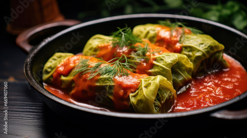 Top view of rolled cabbage leaves stuffed with ground meat, rice and onion on white wooden table