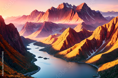Desert mountains landscape, sunset over the mountains and river, atmospheric and epic nature, Generative AI