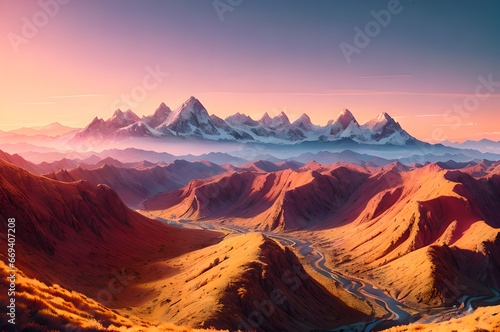 Desert mountains landscape, sunset over the mountains and river, atmospheric and epic nature, Generative AI © LIUBOMYR