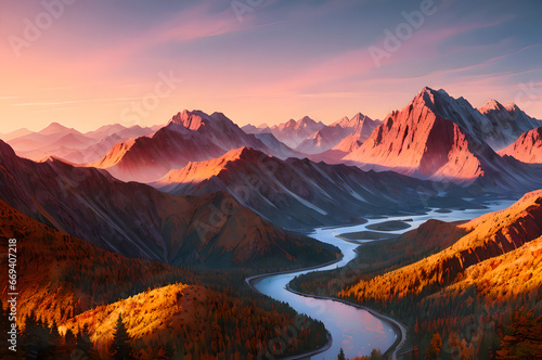 Desert mountains landscape  sunset over the mountains and river  atmospheric and epic nature  Generative AI