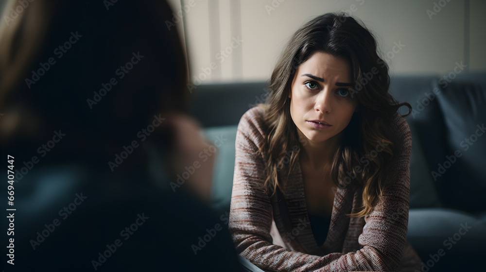 Woman seeking guidance in a therapy session, showcasing emotional vulnerability and the importance of mental well-being.