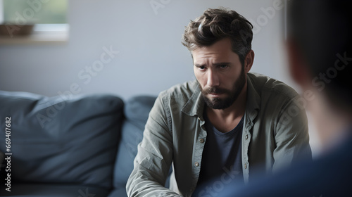 Man seeking guidance in a therapy session, showcasing emotional vulnerability and the importance of mental well-being. photo