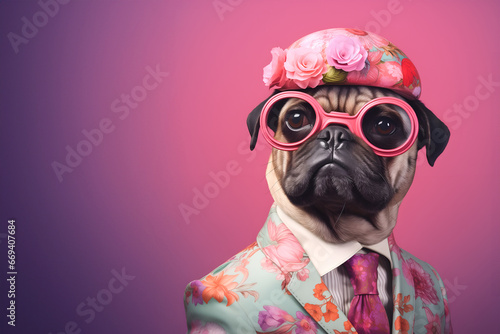 Creative animal concept. Pug dog puppy in glam fashionable couture high end outfits isolated on bright background advertisement  copy space. birthday party invite invitation banner