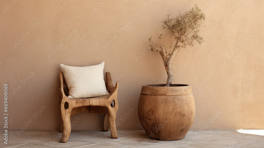 Rustic wooden chair with fabric cushion and table against sand stone stucco wall