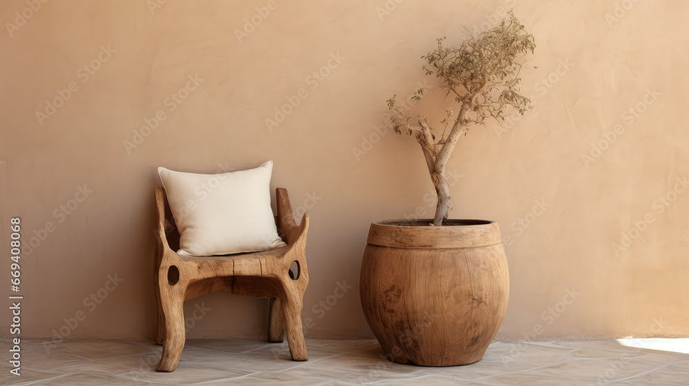Rustic wooden chair with fabric cushion and table against sand stone stucco wall Rustic wooden chair with fabric cushion and table against sand stone stucco wall