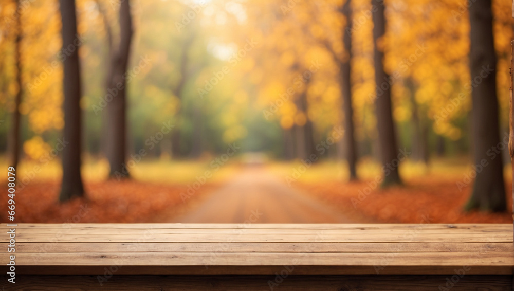 empty wood desk with blurred background of autumn forest empty wood desk with blurred background of autumn forest