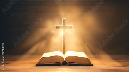 Bright light comes from Christian Bible, Bible study concept. photo
