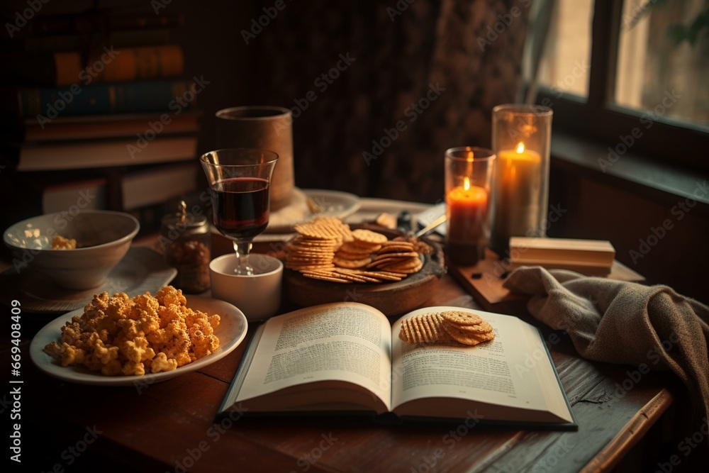 A warm picture featuring a book, a drink, and snacks in a cozy setting. Generative AI