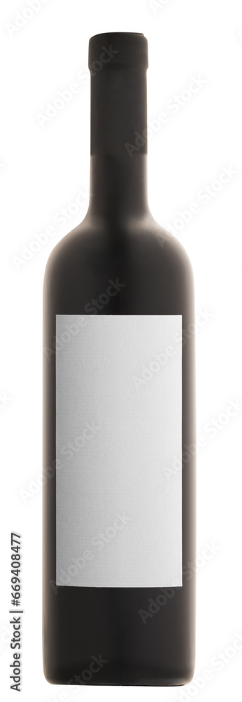 Red wine bottle with white etiquette on white copy space