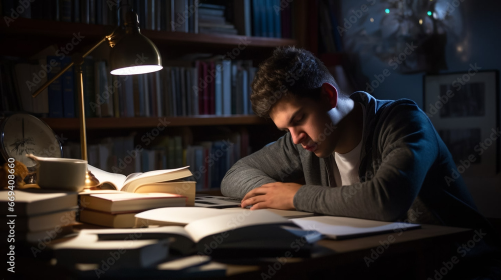 copy space, stockphoto, student, studying and stress during night by computer. Male university student, education and burnout with anxiety, fatigue and tired with few books for learning copy space, stockphoto, student, studying and stress during night by computer. Male university student, education and burnout with anxiety, fatigue and tired with few books for learning