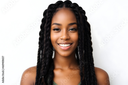 Close up portrait of smiling african american young woman with braids on white background
 photo