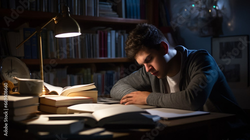 copy space, stockphoto, student, studying and stress during night by computer. Male university student, education and burnout with anxiety, fatigue and tired with few books for learning © Dirk