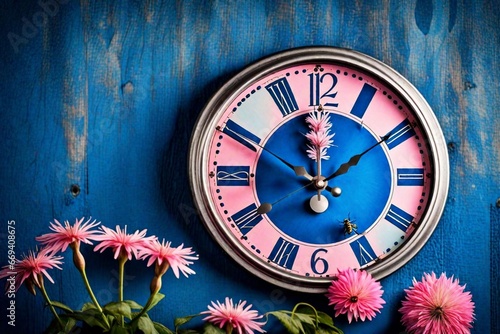 old clock on wooden wall, clock hanging with wall, blue and pink clock hanging with wall decorated with flowers