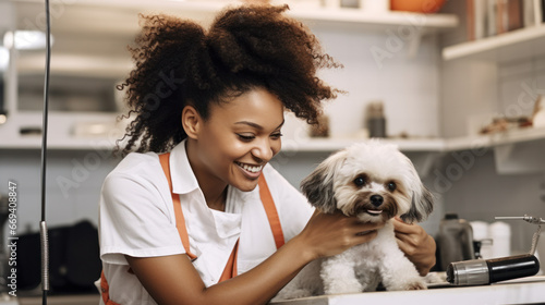 A Portrait of Female professional groomer at pet spa grooming salon photo