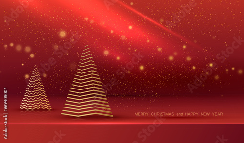 Christmas background with gold trees and glitter lights. Holiday xmas red showroom scene for display product vector.