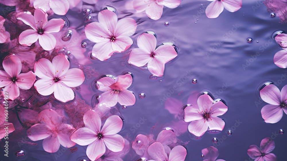 Pink water background with purple flowers Pink water background with purple flowers