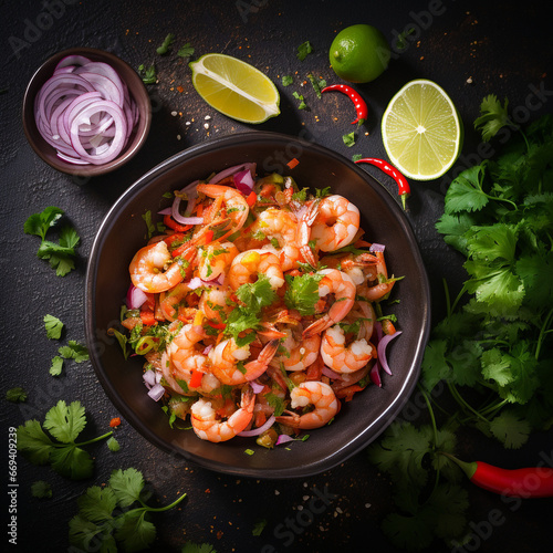 Elevate Your Dining Experience with Grilled Giant Shrimp and Fresh Salad, Salad with grilled Giant shrimps prawns in plate, Dark background. Top view. Free copy space