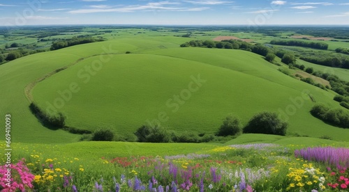 landscape with grass and sky, landscape with fields, panoramic view of green field landscape, green field