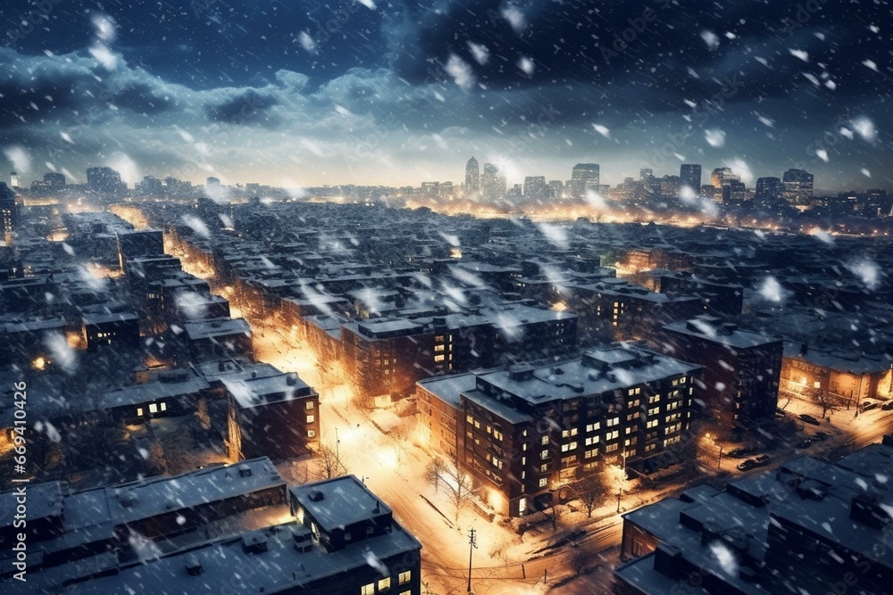 City covered in snow at night, snowy evening against sky. Generative AI