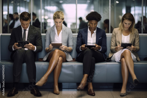 Image of people sit in queue holding digital tablet while waiting job interview.