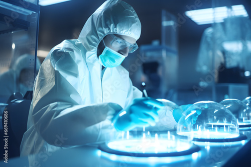 Bacteriologist works in a laboratory with dangerous viruses in test tubes. Healthcare importance concept photo