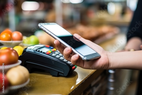 Payment in a store with a smartphone, industrial and technological subjects.