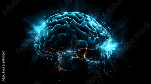 Illustration of the brain with blue sensors built into it showing its activity. Black background. Future technology development concept