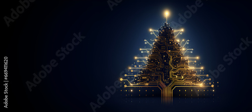 Technology themed electronic sparkling Christmas tree with circuit board elements, copy space