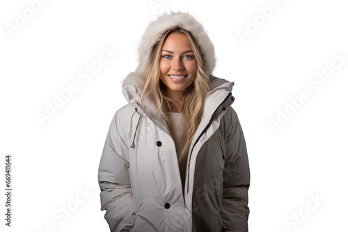 young blond woman in white parka with hat, winter fashion