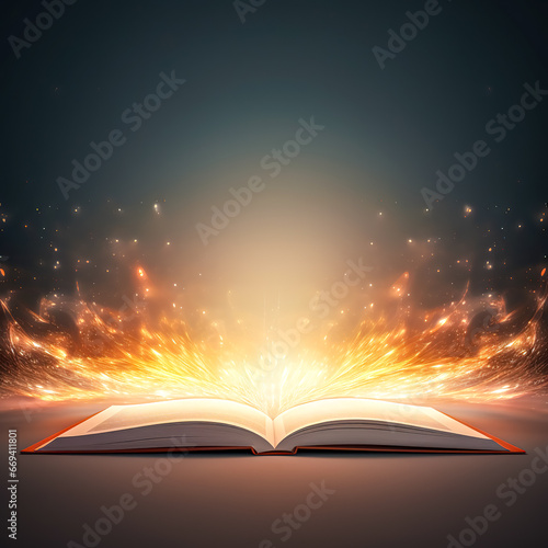 Bright lighting coming out of book, knowledge is power, read more.