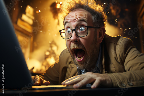 A man with his mouth open in surprise looking at the laptop screen.