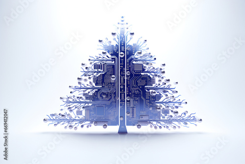 Technology themed electronic blue Christmas tree with circuit board elements