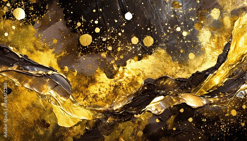 Golden sparkling glitters abstract background, luxury black acrylic paint