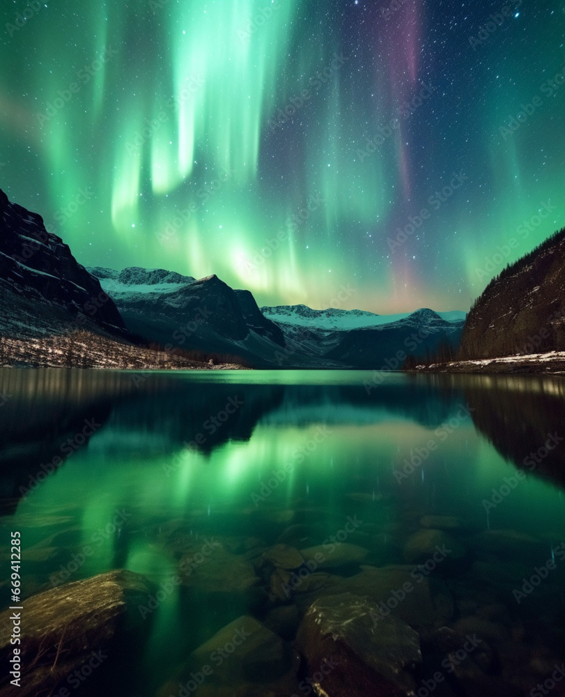 The mesmerizing sight of the aurora borealis casting vibrant green light over the serene waters, a celestial spectacle Created with generative AI tools.
